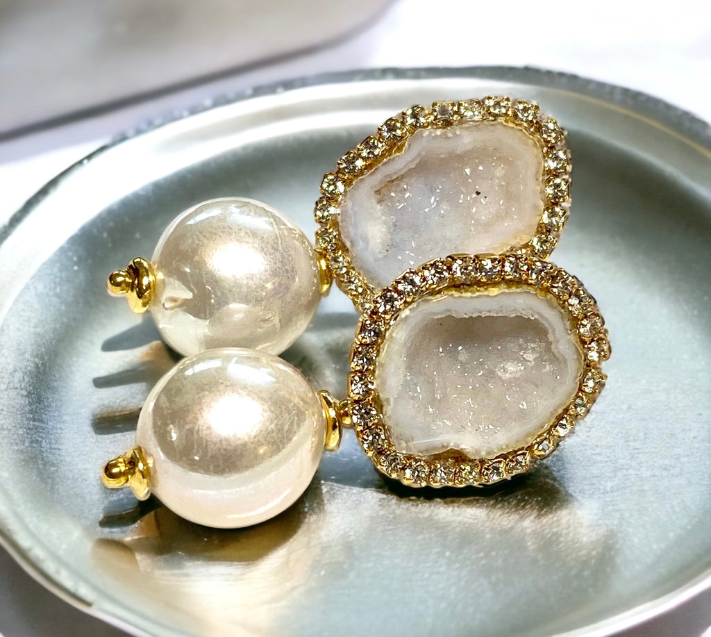 White Tabasco Geode Post Earrings with White Edison Pearls