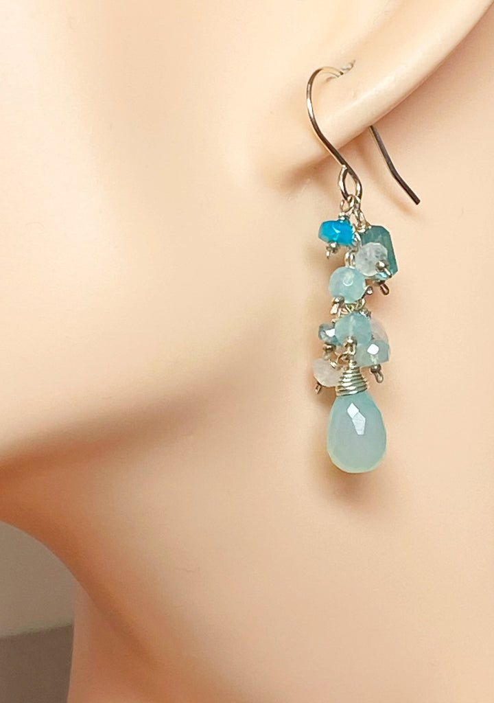 Aqua Chalcedony, Moonstone and Sterling Silver Dangle Earrings