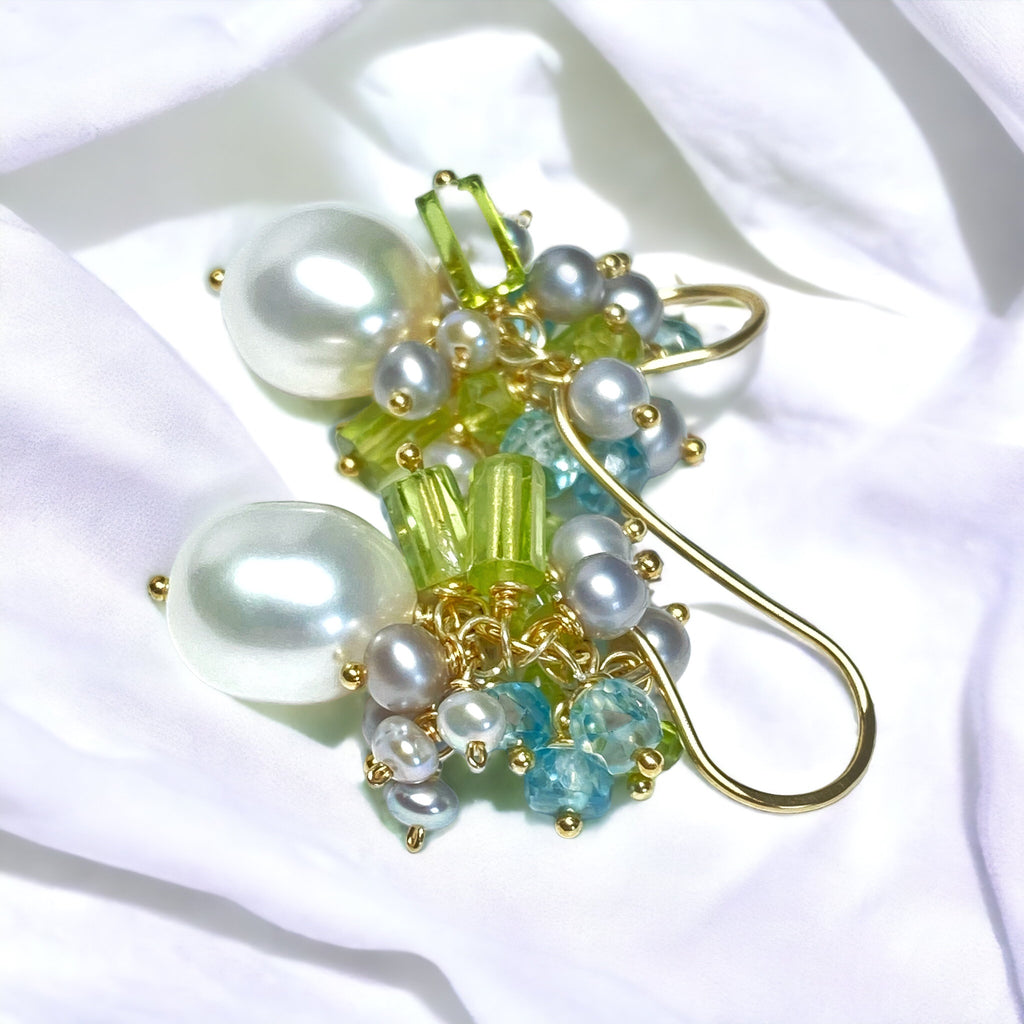 Peridot Pearl Cluster Earrings Blue Zircon Gold