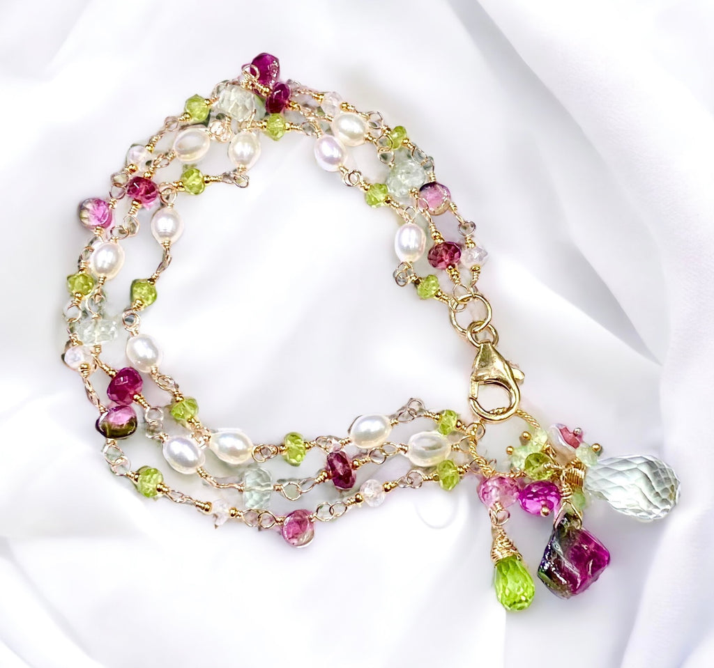 Peridot, Watermelon Tourmaline Slice and Pearl Dainty Triple Strand Bracelet Gold Fill