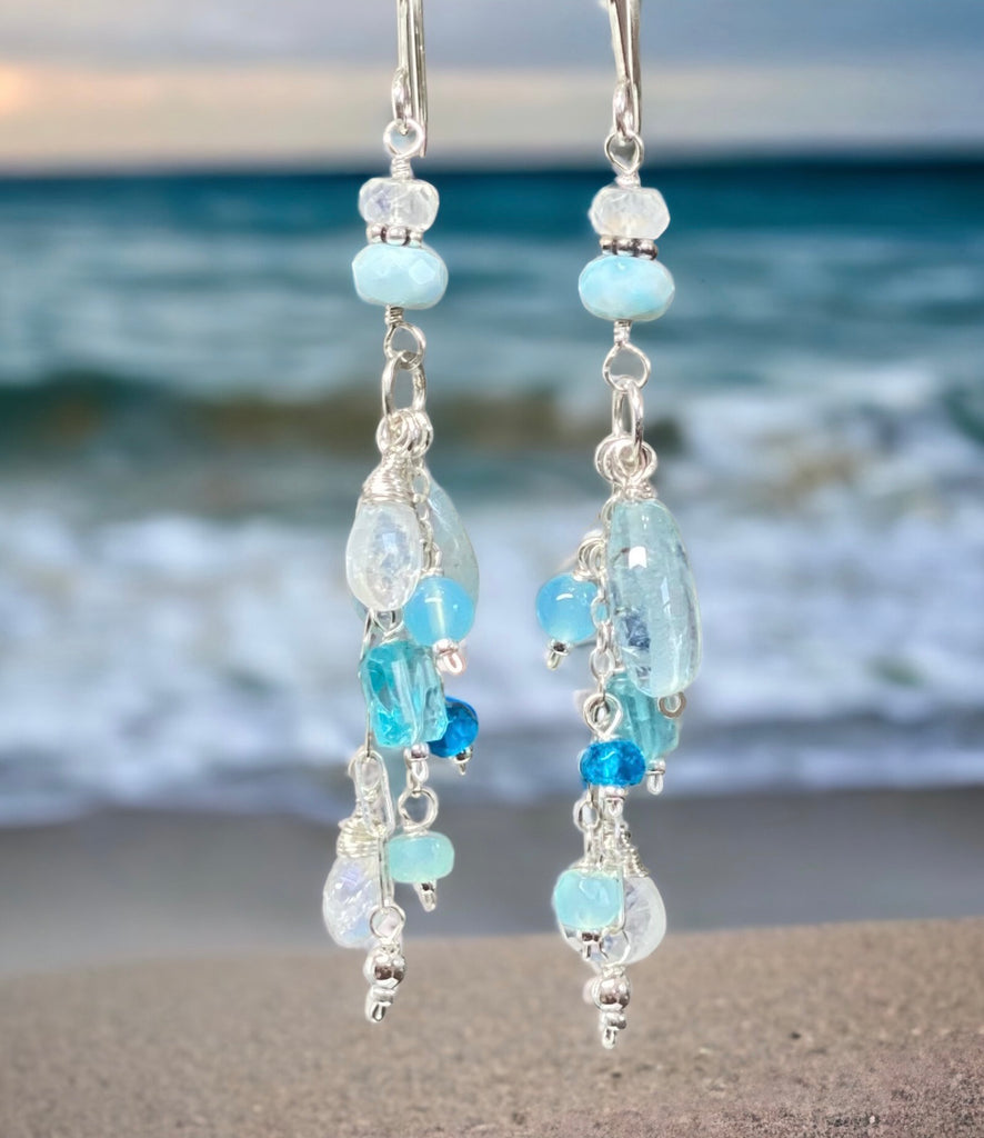 Aquamarine, Moonstone, Gemstone Long Sterling Silver Boho Dangle Earrings