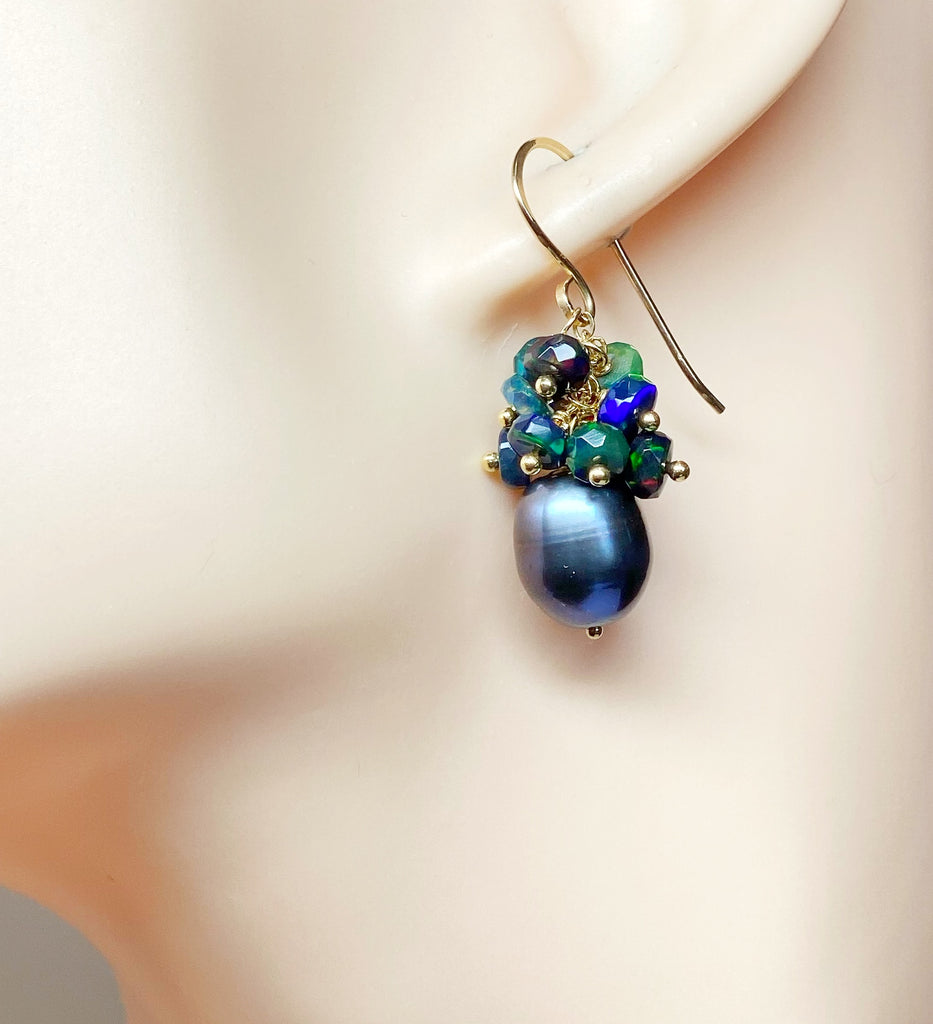 Black Grey Peacock Pearl Black Opal Cluster Earrings Gold Fill