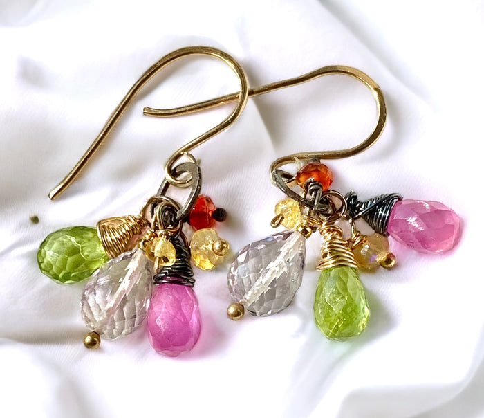 Multi-color Gemstone Dangle Earrings Mixed Metal Peridot Pink Sapphire Amethyst