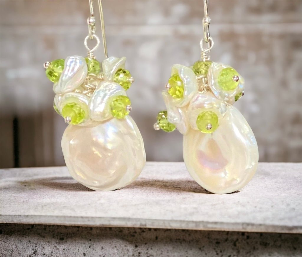 Keishi pearl cluster earrings with green gemstone rondelles sterling silver