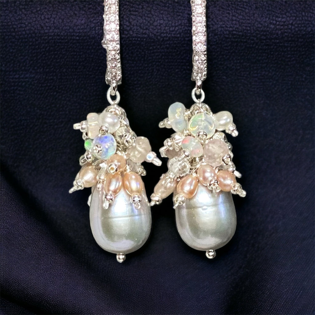 Silver Gray Pearl Earrings with Opal Clusters Sterling Silver