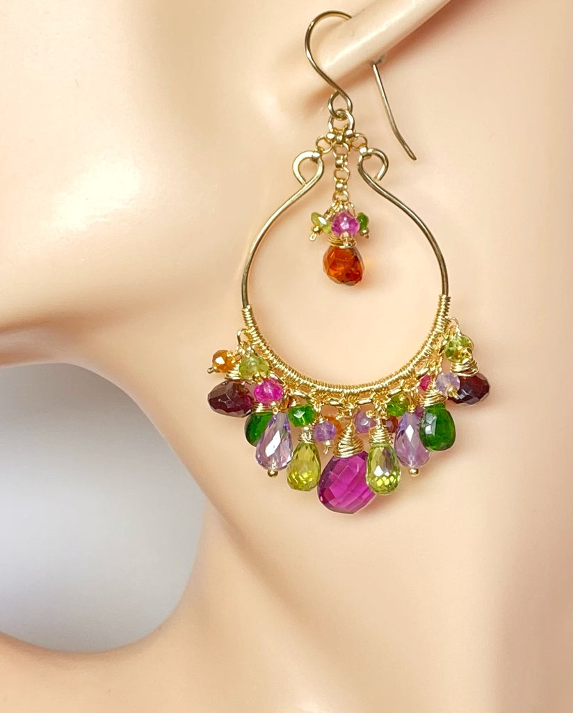 Statement Multi Gemstone Chandelier Hoop Earrings - Violet, Green, Pink