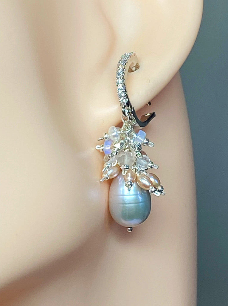 Silver Gray Pearl Earrings with Opal Clusters Sterling Silver