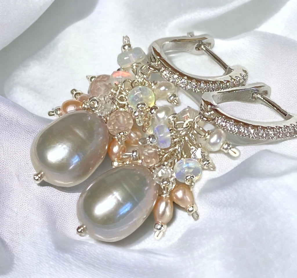 Silver Gray Pearl Earrings with Opal Clusters Sterling Silver