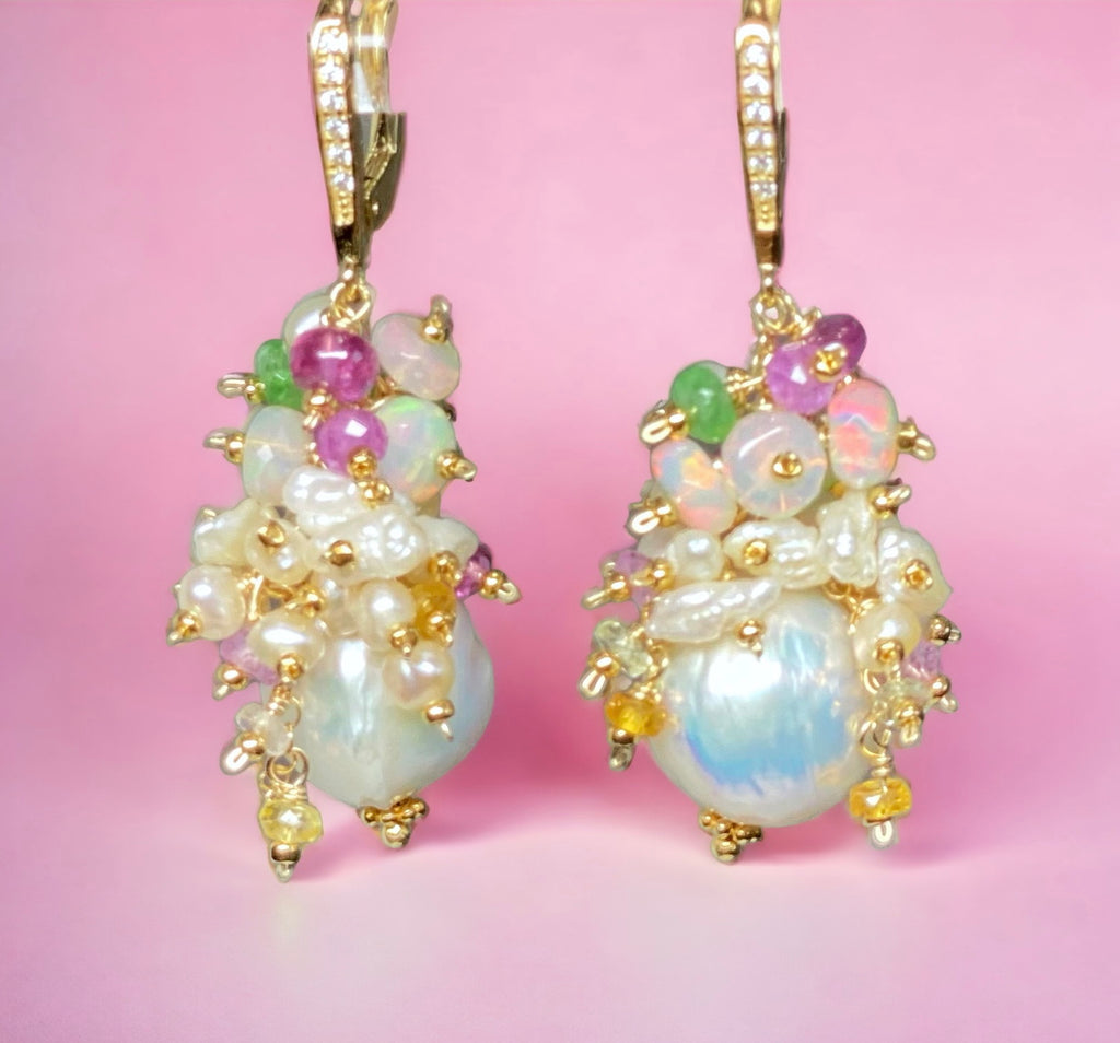 Baroque Edison Pearl and Opal Statement Earrings with Sapphire, Tsavorite