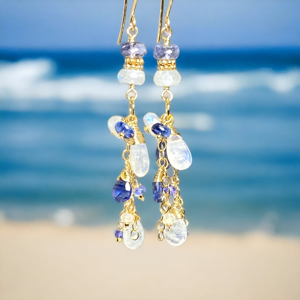 Rainbow Moonstone Tanzanite Kyanite Blue & White Boho Dangle Earrings