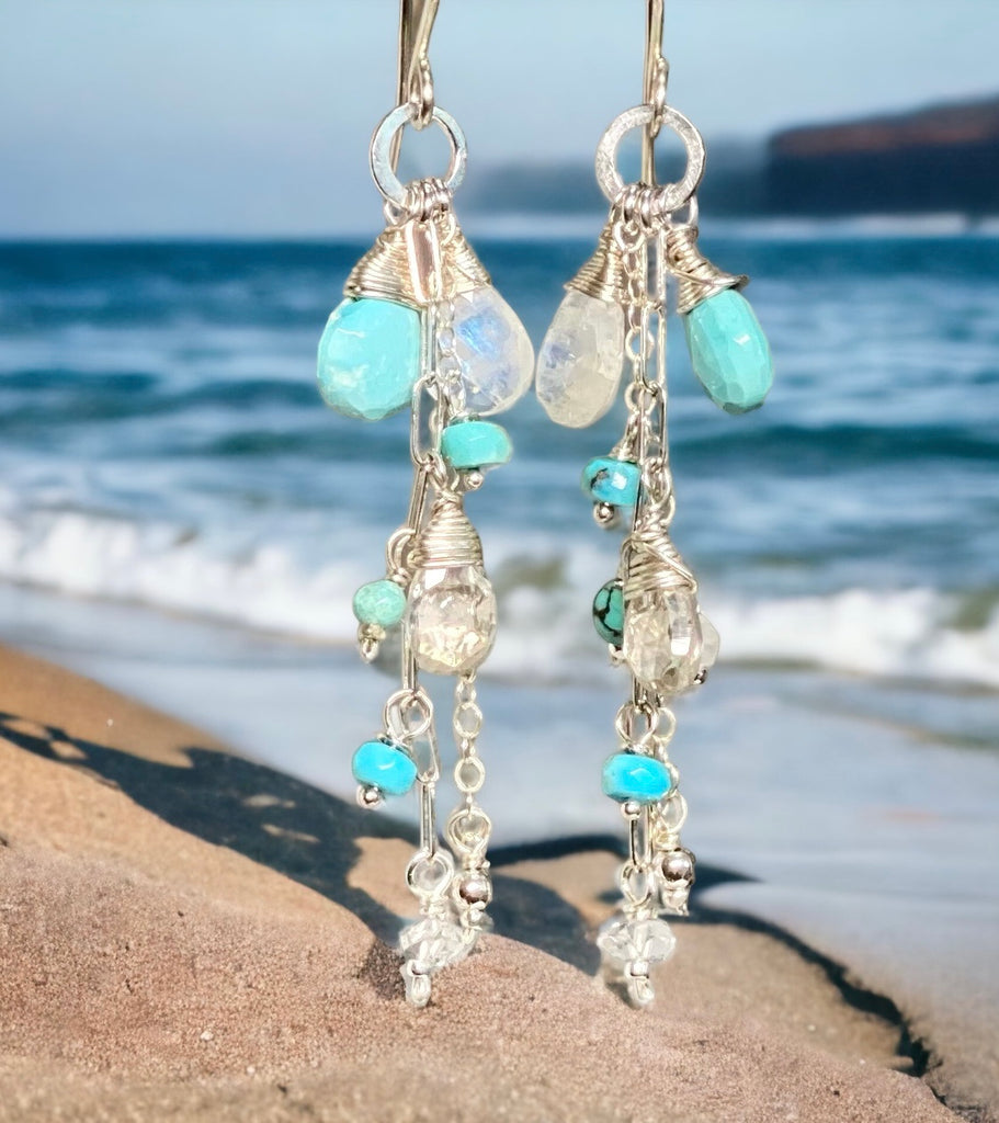 Wire wrapped gemstones of Sleeping Beauty turquoise and rainbow moonstone on sterling silver wires and chains,boho style