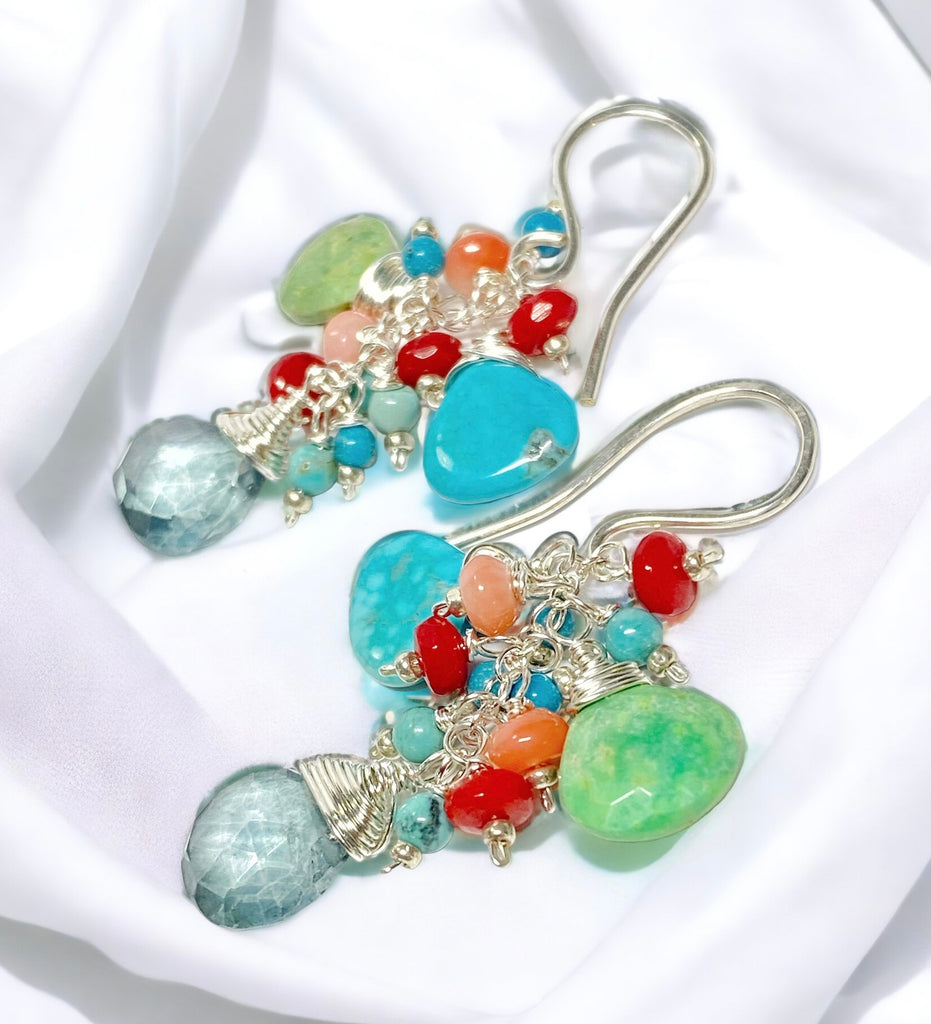 Blue and Green Turquoise, Coral Dangle Earrings Sterling Silver
