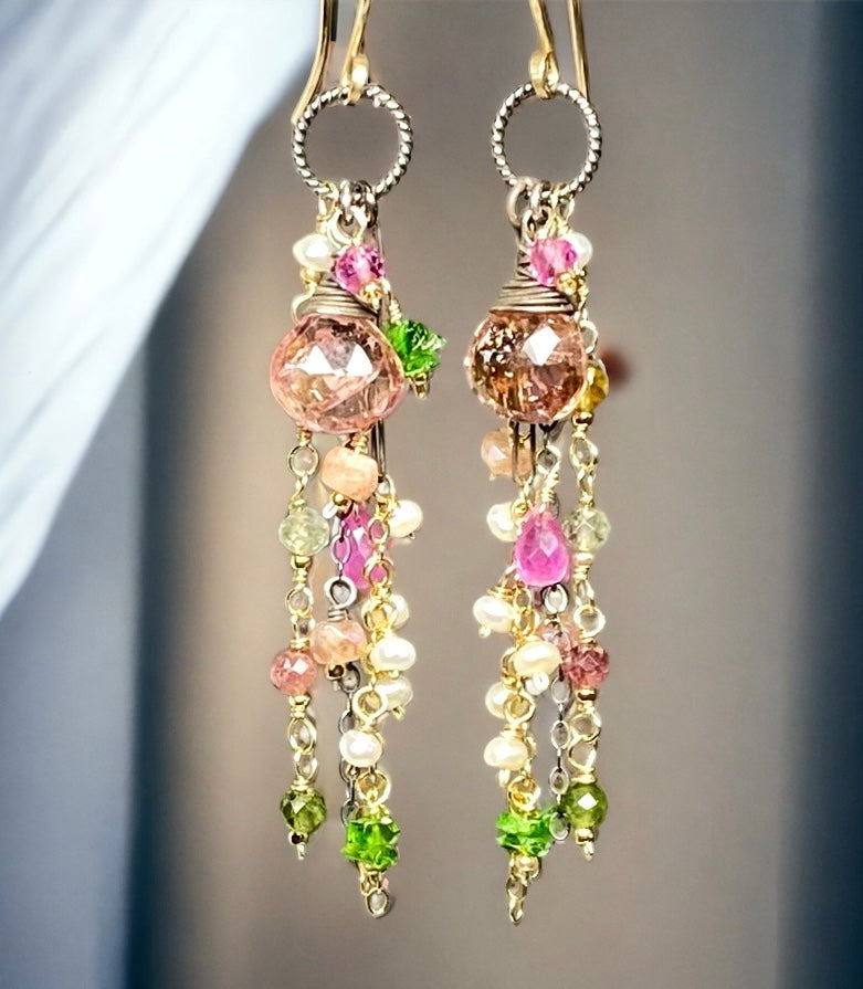 Pastel Tourmaline Gemstone Mixed Metal Long Boho Dangle Earrings