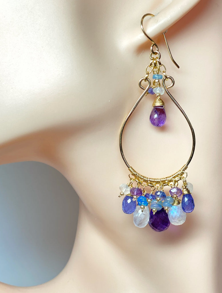 Gemstone Statement Chandelier Earrings in Tanzanite, Amethyst, Moonstone
