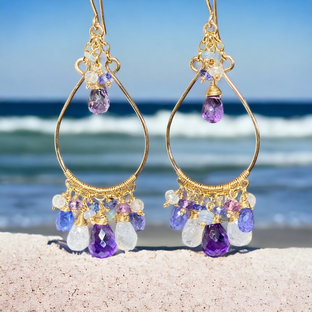 Gemstone Statement Chandelier Earrings in Tanzanite, Amethyst, Moonstone