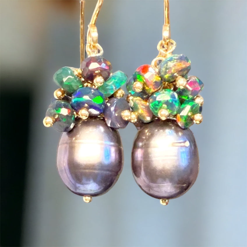 Black Grey Peacock Pearl Black Opal Cluster Earrings Gold Fill