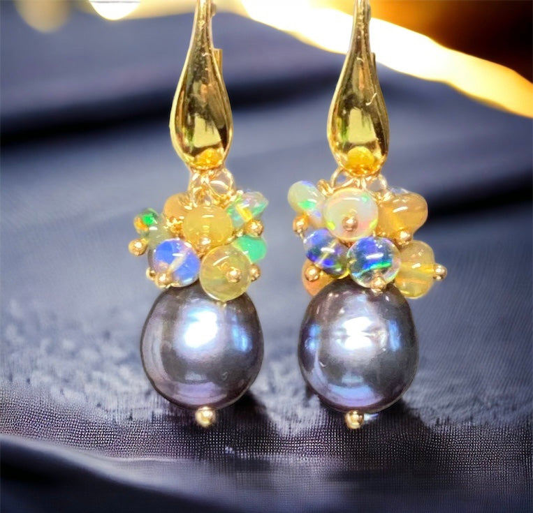 Black Grey Baroque Pearl Opal Cluster Gold Earrings