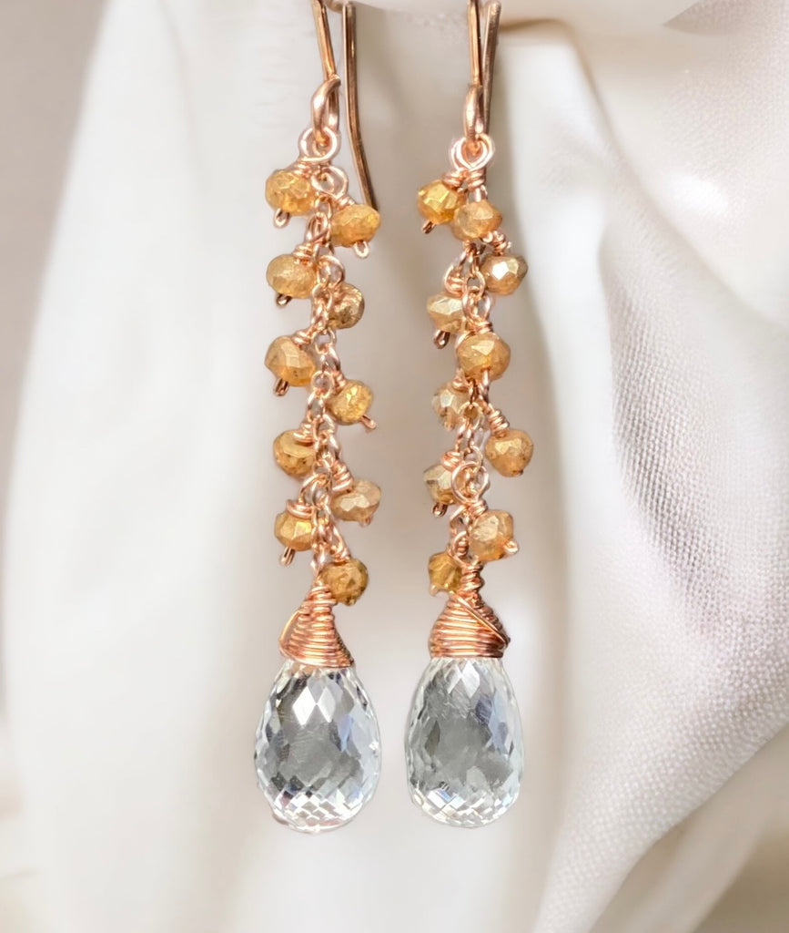 crystal quartz rose gold gemstone dangle earrings with gold labradorite