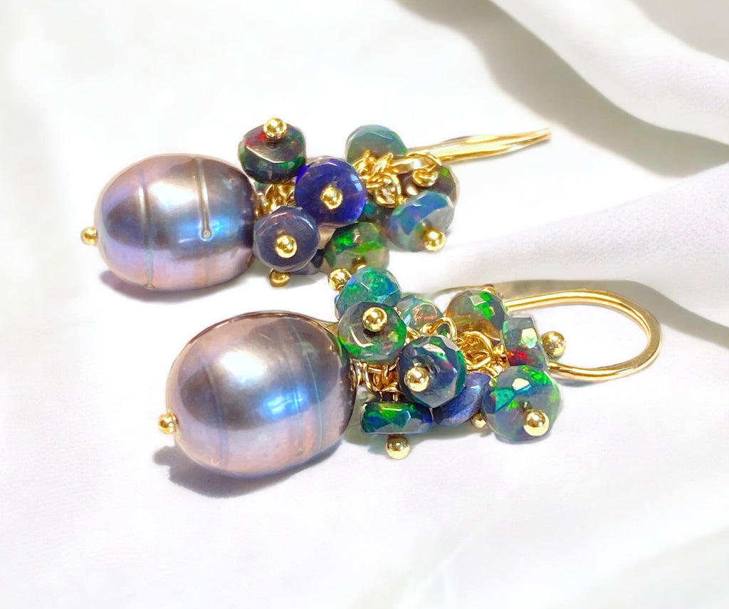 Black Grey Peacock Pearl Black Opal Cluster Earrings Gold Fill