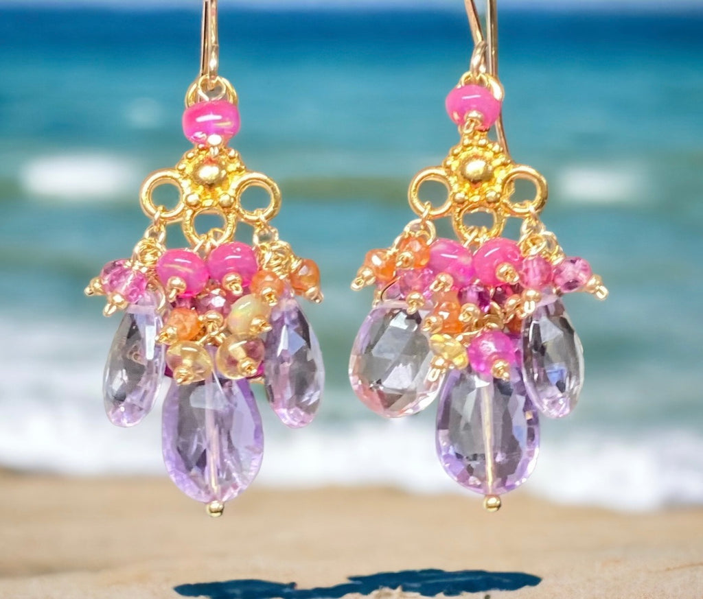 Statement Multi Gemstone Chandelier Earrings, Gold