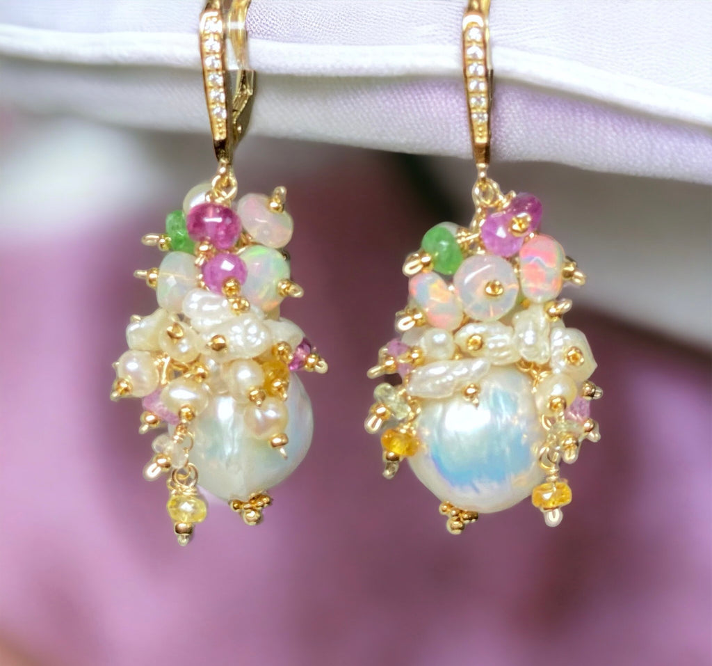 Baroque Edison Pearl and Opal Statement Earrings with Sapphire, Tsavorite