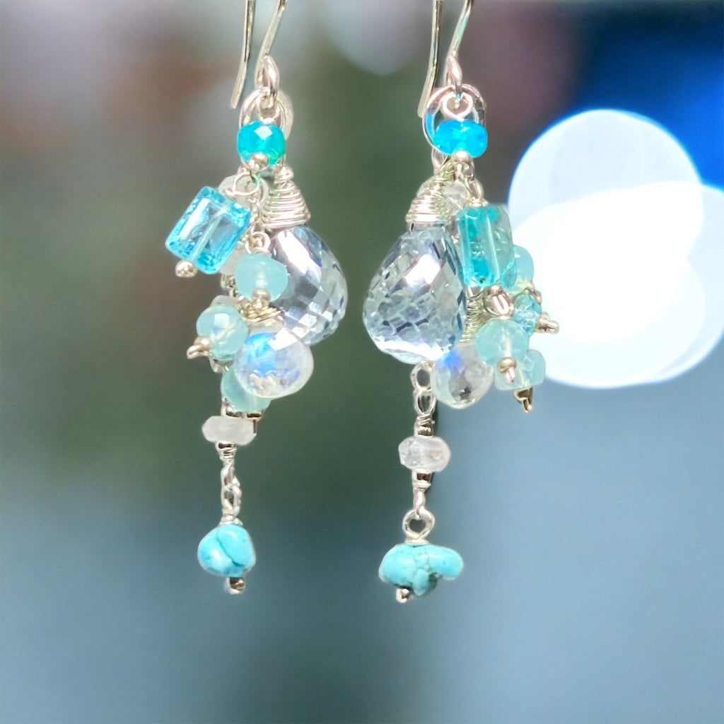 Aqua Quartz, Moonstone, Apatite and Sterling Silver Dangle Earrings