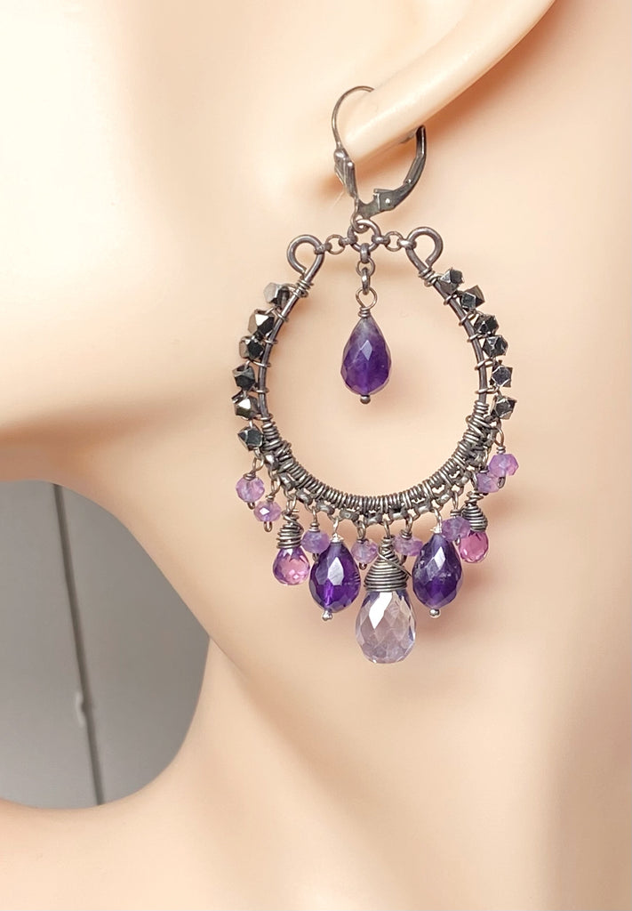 Boho Hoop Earrings Oxidized Sterling Silver Blue Violet Gemstones