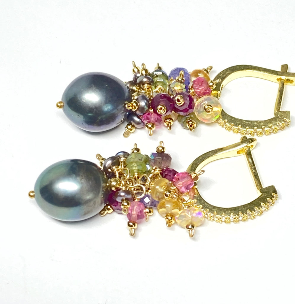 Gray Pearl Earrings with Gemstone Clusters in 14 kt Gold Fill