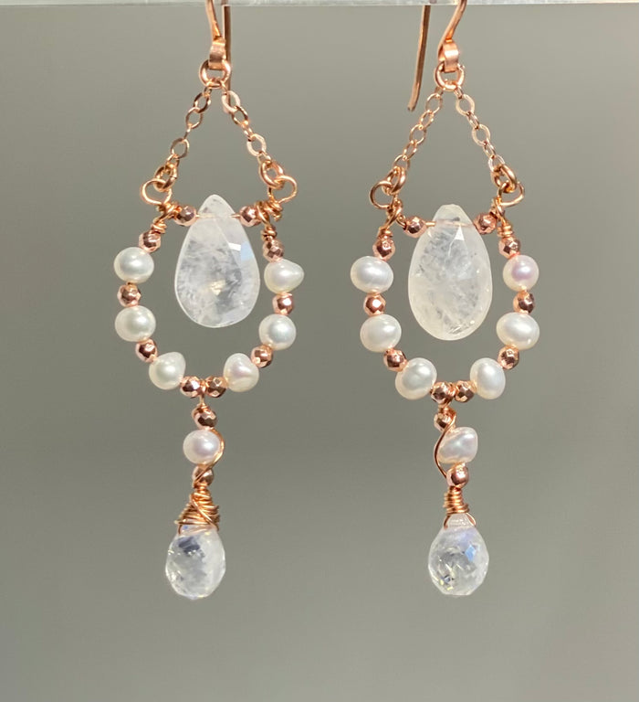 Rainbow moonstone  and pearl rose gold fill chandelier earrings