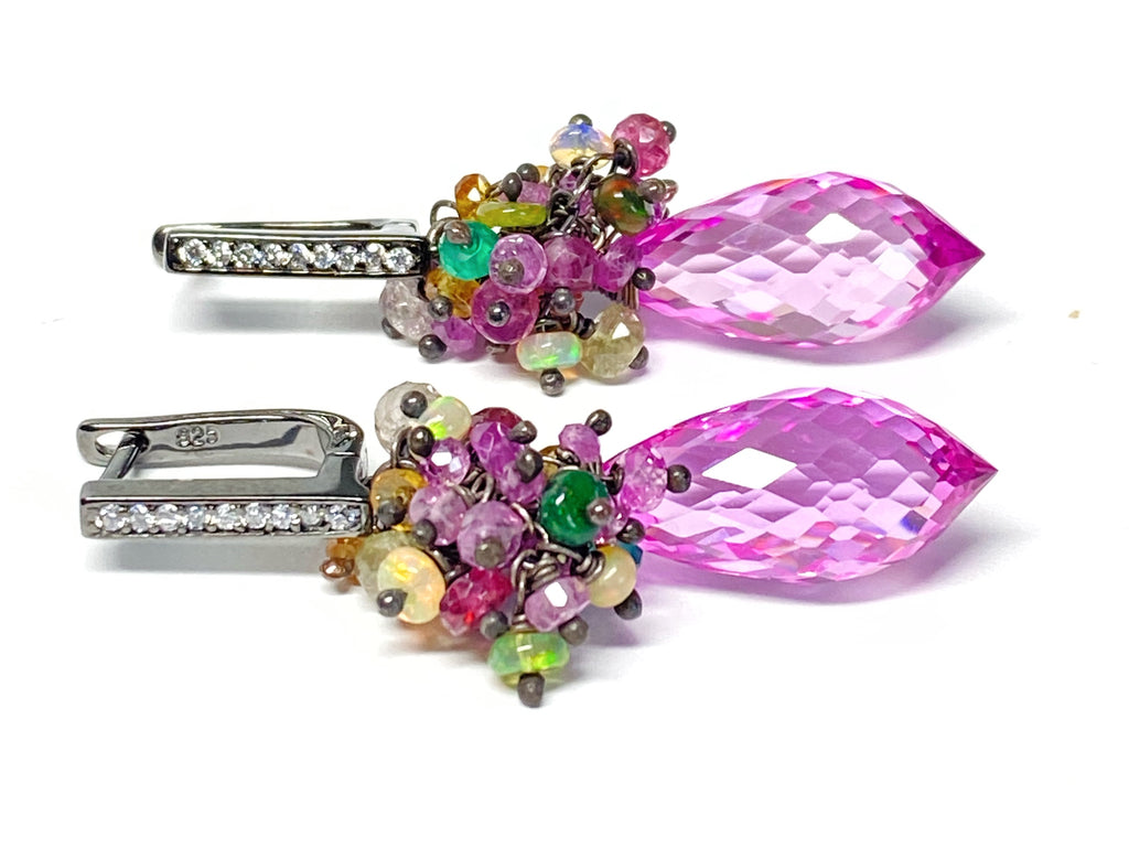 Pink Topaz and Opal Sapphire Cluster Earrings in Oxidized Silver - Doolittle