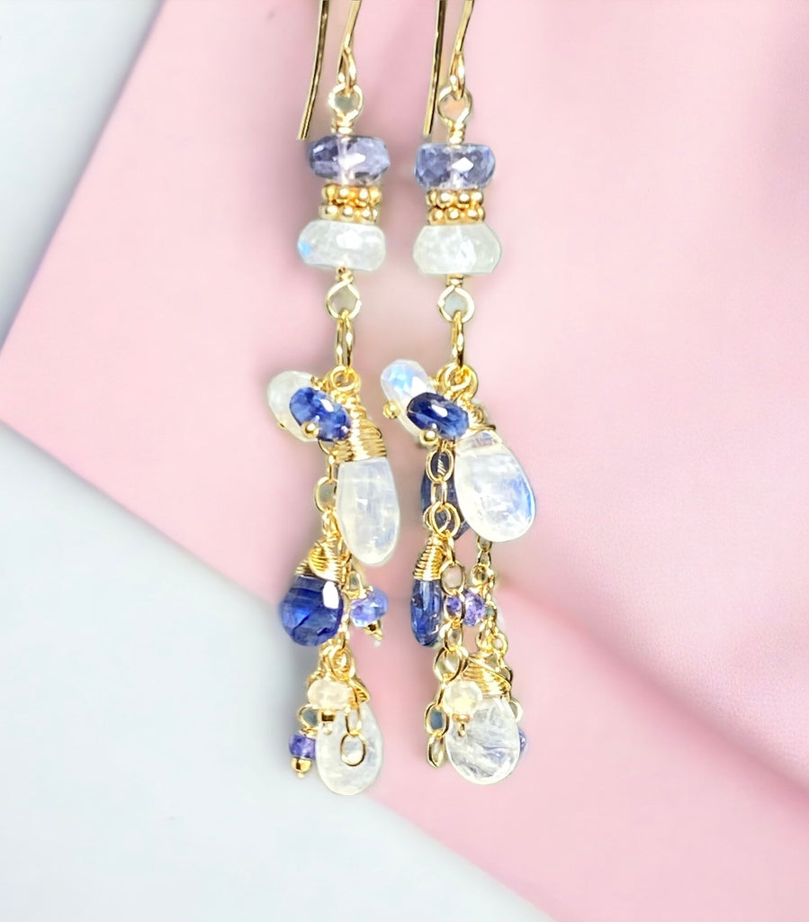 Rainbow Moonstone Tanzanite Kyanite Blue & White Boho Dangle Earrings