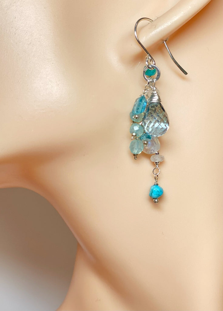 Aqua Quartz, Moonstone, Apatite and Sterling Silver Dangle Earrings