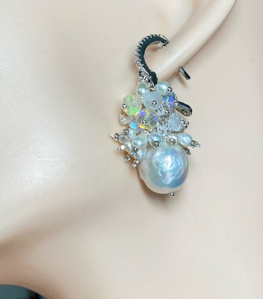 Baroque Edison Pearl and Opal Cluster Earrings Sterling Silver