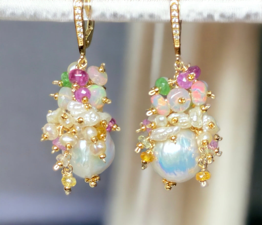 Baroque Edison Pearl and Opal Statement Earrings with Sapphire, Tsavorite