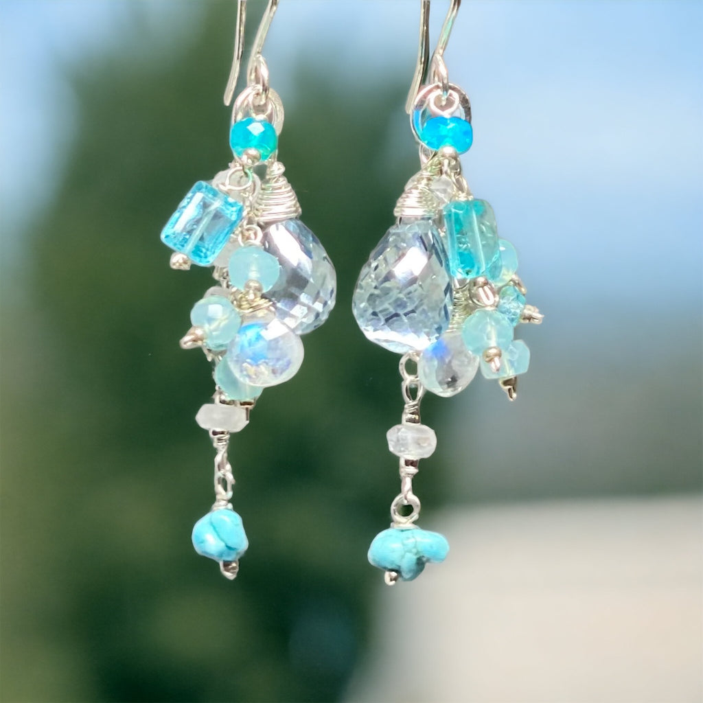 Aqua Quartz, Moonstone, Apatite and Sterling Silver Dangle Earrings