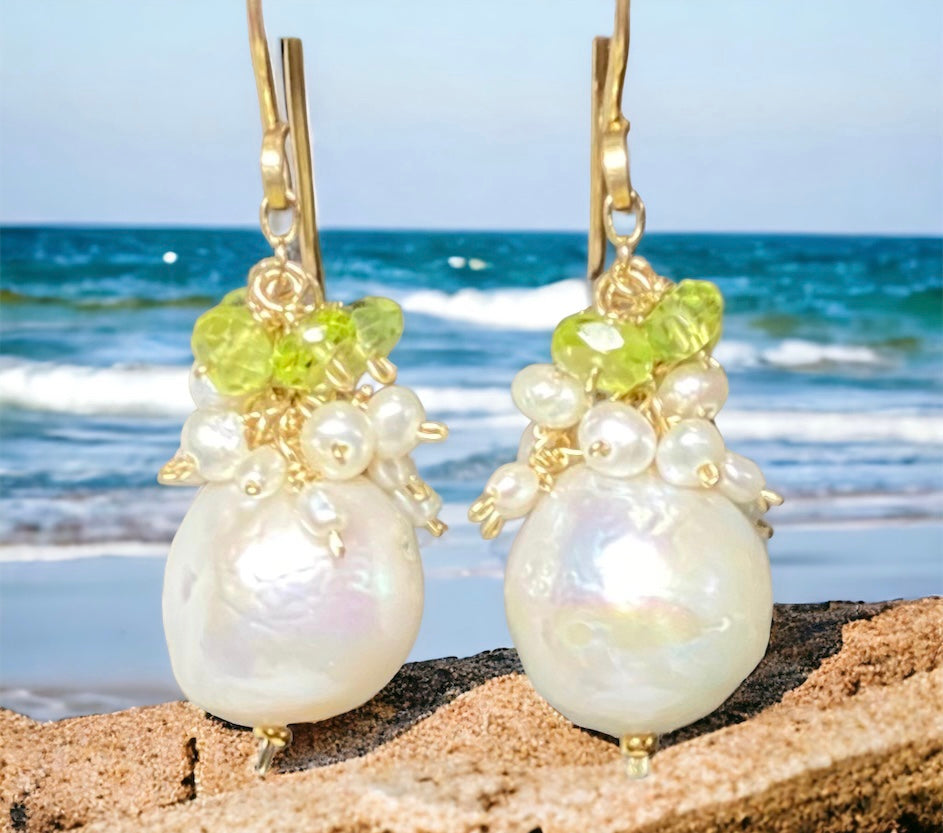 Peridot and Edison Pearl Cluster Earrings, Gold Fill, Rose Gold, Sterling Silver