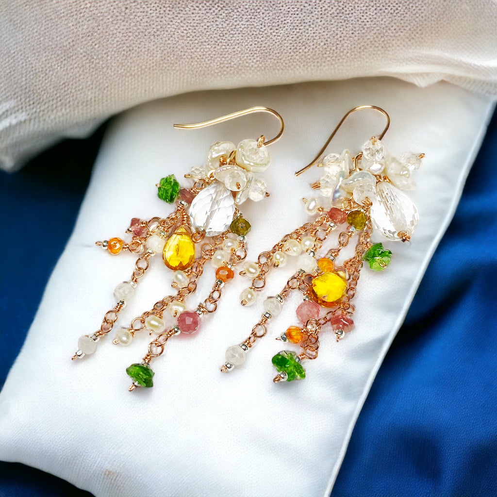 Crystal Quartz Rose Gold Gemstone Long Boho Dangle Earrings