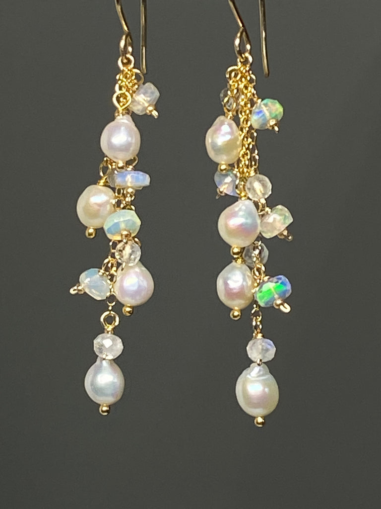Edison Pearl Dainty Dangle Earrings with Moonstones and Opals