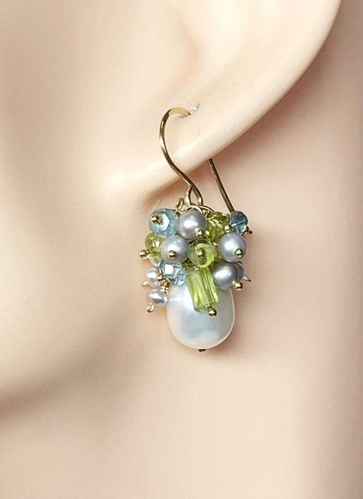 Peridot Pearl Cluster Earrings Blue Zircon Gold