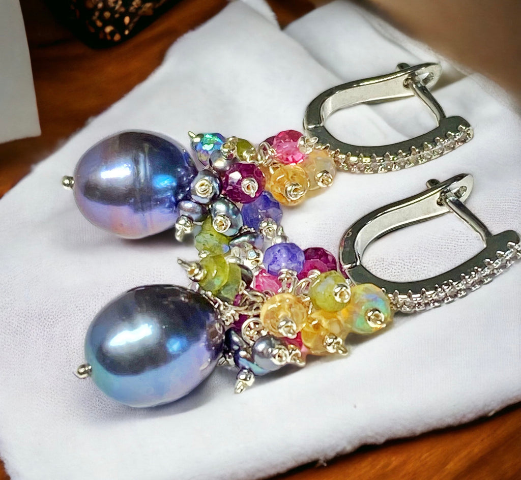 Black Peacock Pearl Earrings with Gemstone Clusters in Sterling Silver