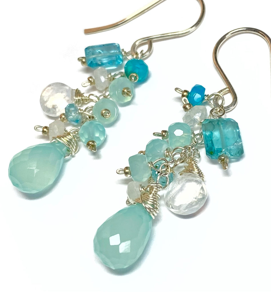 Aqua Chalcedony, Moonstone and Sterling Silver Dangle Earrings