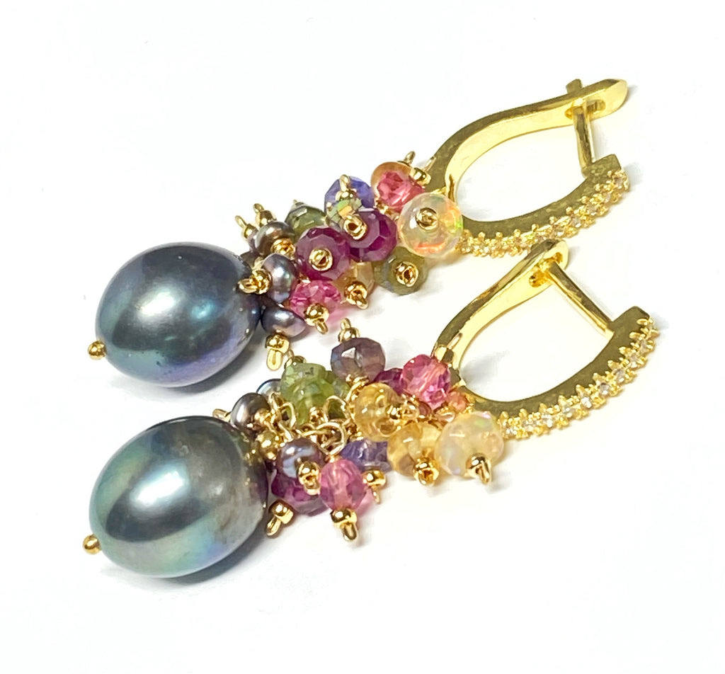 Gray Pearl Earrings with Gemstone Clusters in 14 kt Gold Fill
