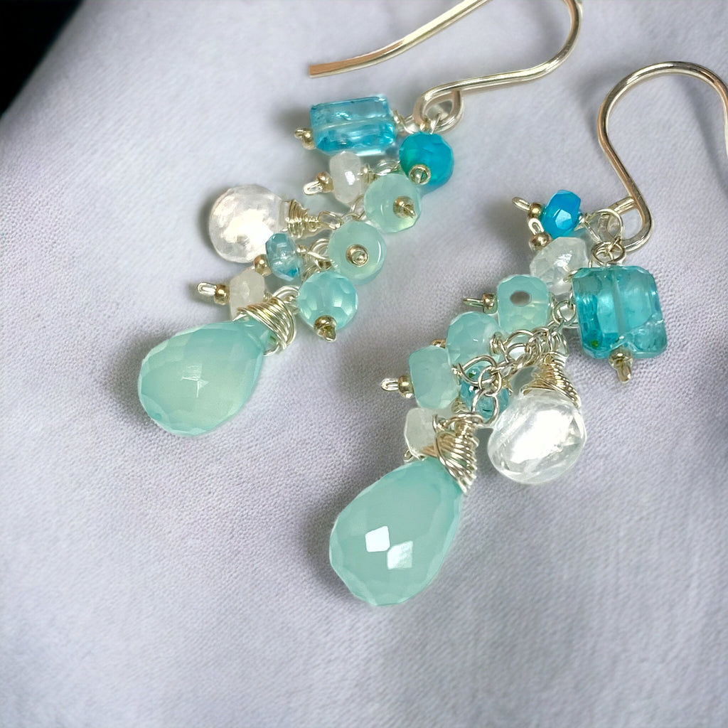 Aqua Chalcedony, Moonstone and Sterling Silver Dangle Earrings