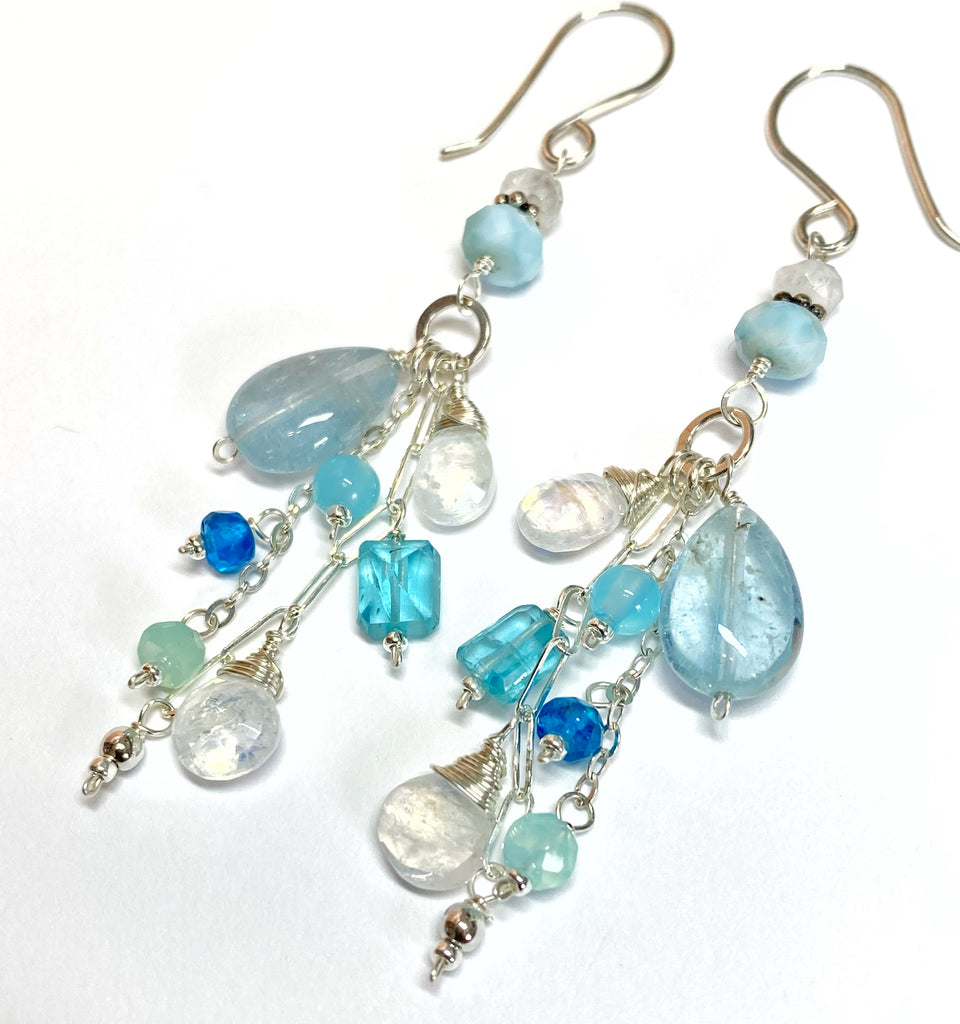 Aquamarine, Moonstone, Gemstone Long Sterling Silver Boho Dangle Earrings