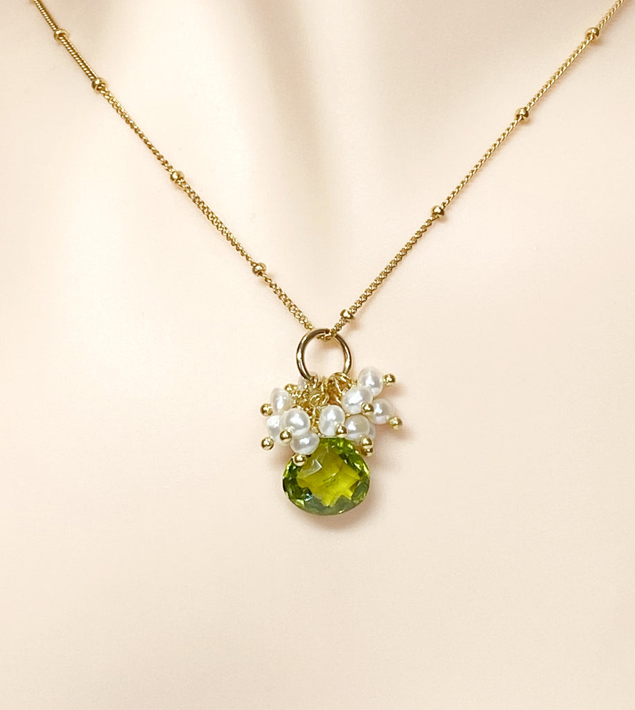Peridot Gemstone Pendant Gold Fill with Pearl Clusters