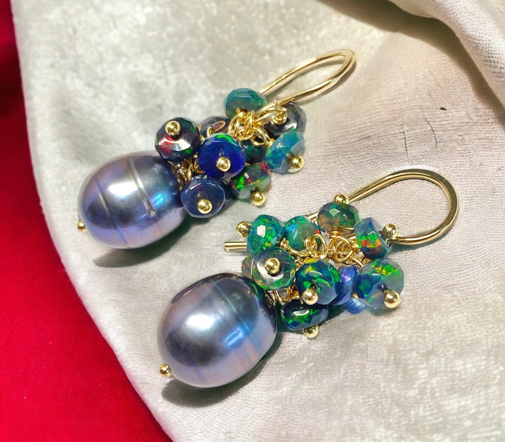 Black Grey Peacock Pearl Black Opal Cluster Earrings Gold Fill
