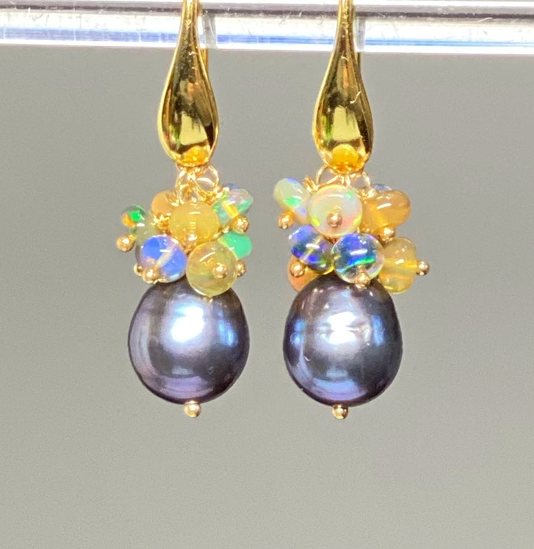 Black Grey Baroque Pearl Opal Cluster Gold Earrings