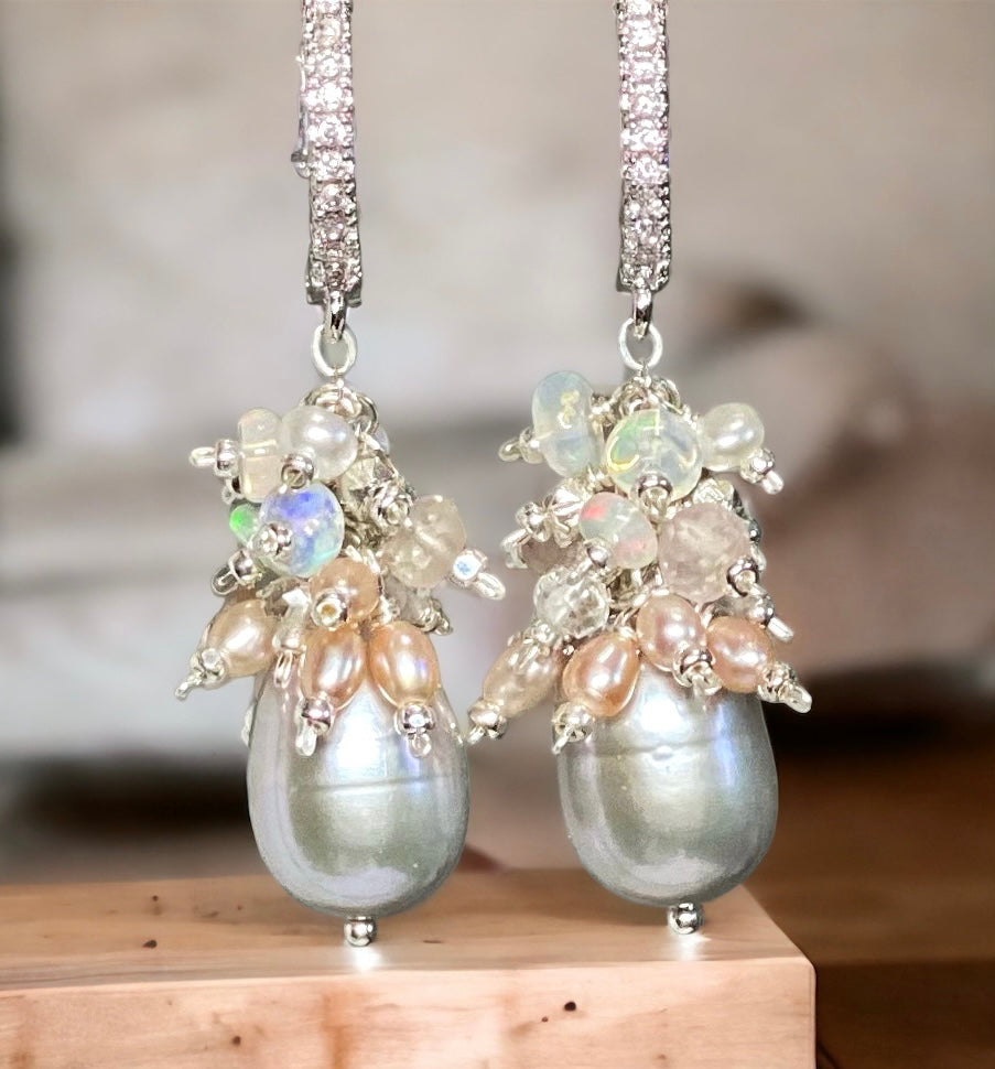 Silver grey freshwater pearl earrings with cluster of opals, rose quartz, crystal quartz in sterling silver