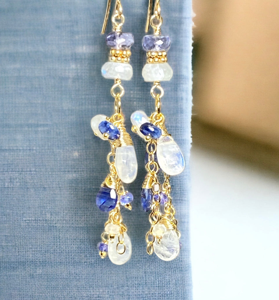 Rainbow Moonstone Tanzanite Kyanite Blue & White Boho Dangle Earrings