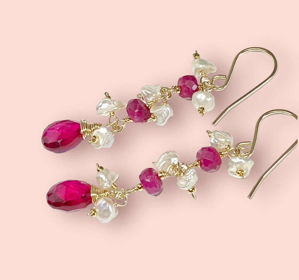 Ruby and Red Topaz Dangle Earrings with Pearls